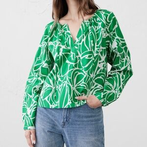 Banana Republic Cotton Green and White Printed Peasant Blouse